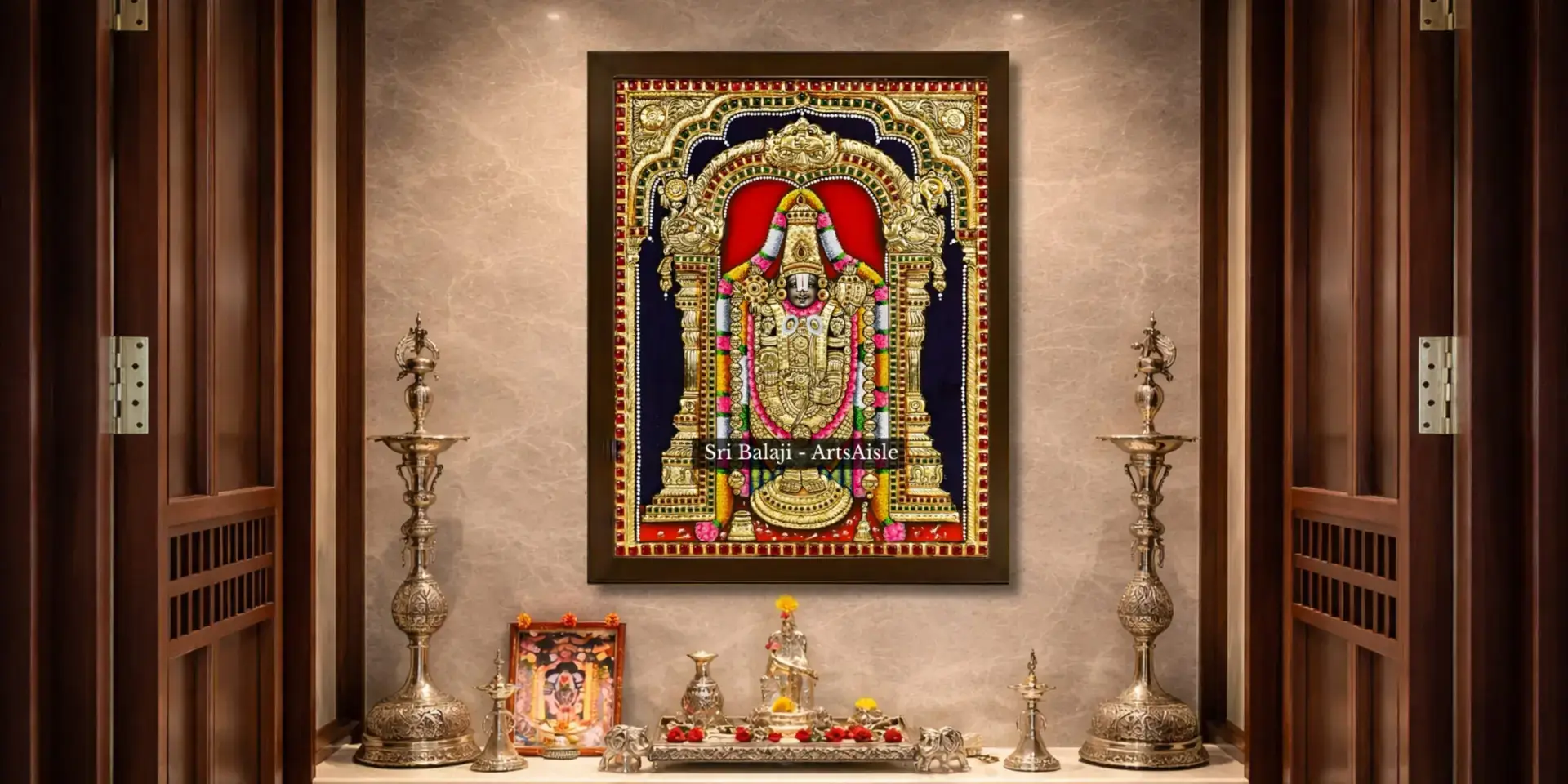 Tanjore Paintings for Pooja Room & Home Temple Sacred Tanjore painting of Lord Balaji with gold foil detailing in a traditional pooja room