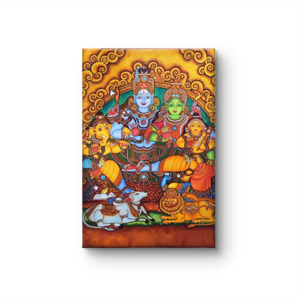 Traditional Shiva Parivar Kerala mural painting on a premium canvas wrap with vibrant ochre, blue, and green natural tones.