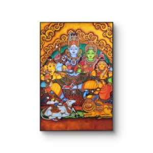 Sleek thin-framed Shiva Parivar Kerala mural artwork featuring Lord Shiva, Parvati, Ganesha, and Murugan for a contemporary spiritual interior.