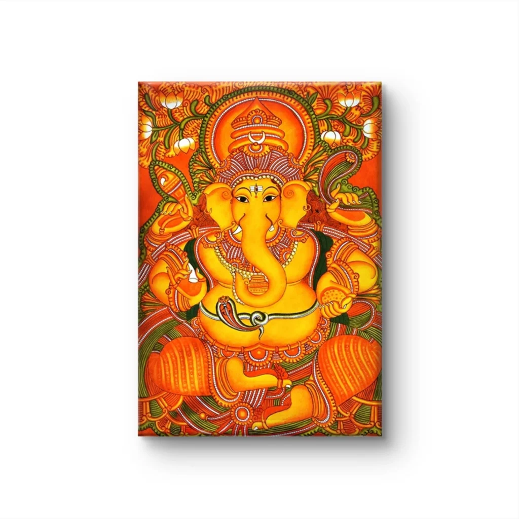 3D perspective of a large Lord Ganesha Kerala mural painting displayed on a neutral living room wall above a console.