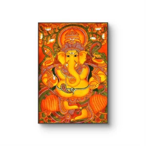 Traditional Lord Ganesha Kerala mural painting on canvas with vibrant saffron, ochre, and green natural tones.