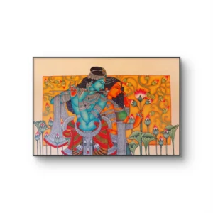 Sleek thin-framed Radha Krishna Kerala mural artwork with Lord Krishna and Radha for modern spiritual home decor.
