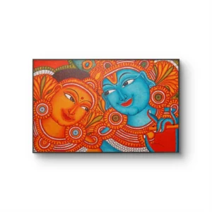 Modern thin-framed Radha Krishna Kerala mural painting featuring detailed facial expressions in vibrant saffron and blue.