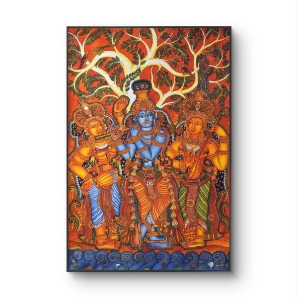 Sleek thin-framed Radha Krishna mural artwork in traditional Indian style for contemporary home decor.
